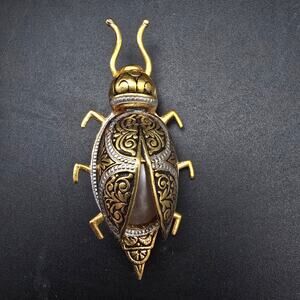 Damascene Beetle Bug Brooch Made in Spain Gold Tone Black Insect Jewelry